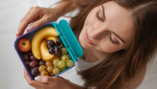 Young woman savoring healthy fruit snack from teal reusable lunchbox on bed