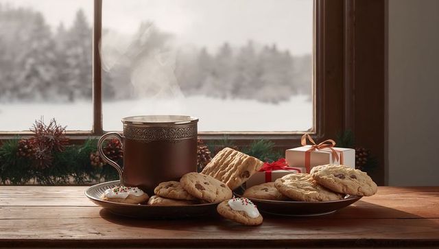 Cozy Winter Setting with Steaming Mug and Holiday Cookies