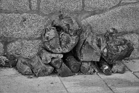 Pile of logs against stone wall in black and white