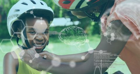 Mother Securing Helmet on Son with Futuristic Overlay