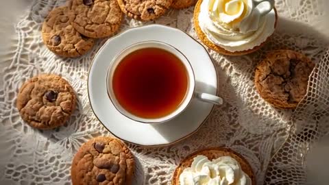 Sunlight Revealing Porcelain Teacup and Chocolate Chip Cookies on Lace Doily