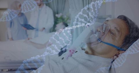 Senior man wearing oxygen mask lying in hospital bed with medical team and DNA overlay