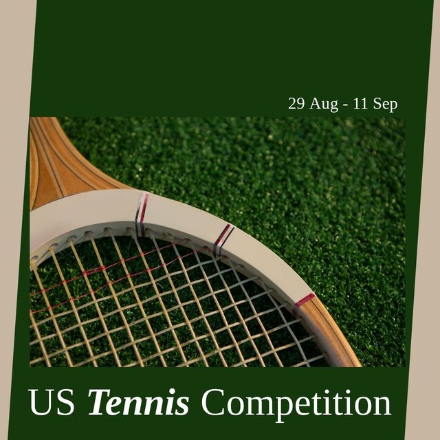 Digital composite image of tennis racket with us tennis competition text, copy space. Sport, hardcourt tennis tournament, competition and tennis game concept.