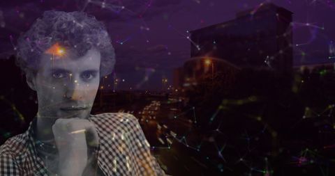 Man Contemplating Amid Digital Connectivity Interface