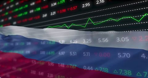 Russian Flag Overlaid With Stock Market Financial Data Charts