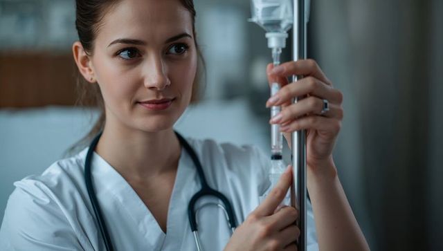 Female nurse adjusting iv drip with stethoscope and monitoring infusion closeup in hospital