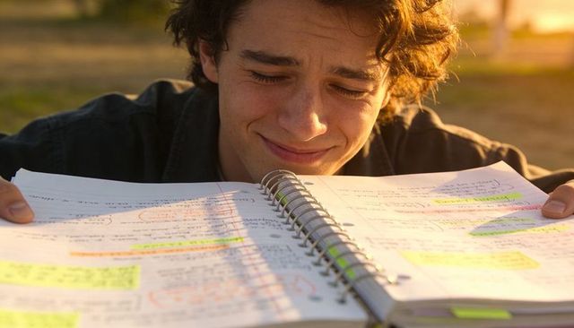 Teen studying over spiral notebook in sunlit park at golden hour showing study stress