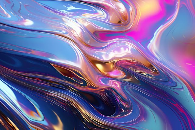 This image showcases a vibrant and colorful iridescent fluid abstract design with flowing swirls. The digital art captures a modern and shiny texture with rich hues blending seamlessly. Ideal for use in creative projects, digital backgrounds, trendy advertisements, futuristic designs, and as artistic inspiration for visual arts.