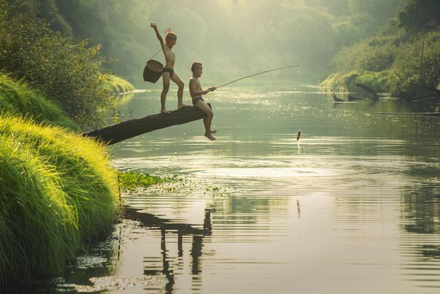 Two children are fishing from a tree over a peaceful river. Their surroundings are lush with green grass and foliage. This can be used to depict countryside life, childhood adventures, and connection with nature.