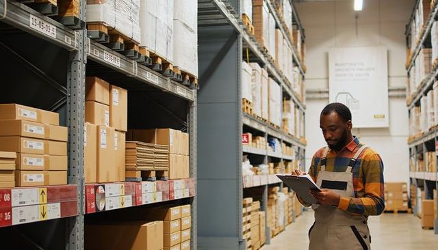 Warehouse worker checking inventory with clipboard in aisle, khaki overalls, stock control
