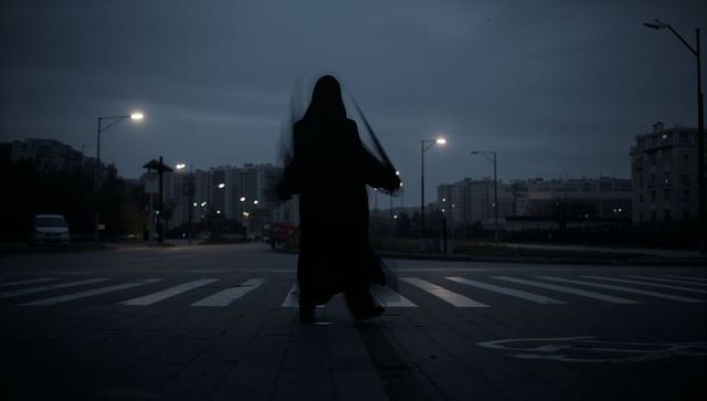 Mysterious Cloaked Figure Crossing Urban Street at Dusk