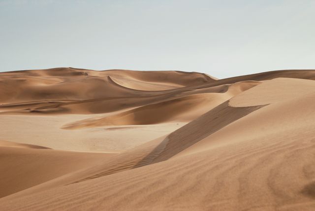 Majestic view of sprawling desert with large sand dunes under clear, sunny sky. Ideal for use in travel promotions, nature documentaries, backgrounds for presentations, or environmental awareness themes.