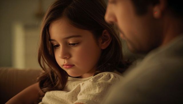 Contemplative young girl sitting with caring father in warm living room light