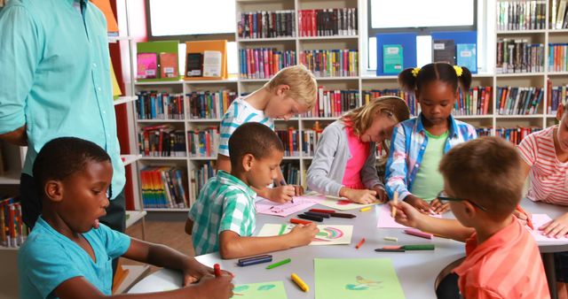 Children drawing and coloring with crayons at a table in a librarian-like backdrop. They appear engaged, demonstrating teamwork and creativity. This is suitable for themes centered around education, childhood development, collaborative learning, and academic environments.