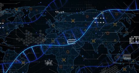Futuristic Digital Helix over World Map Interface