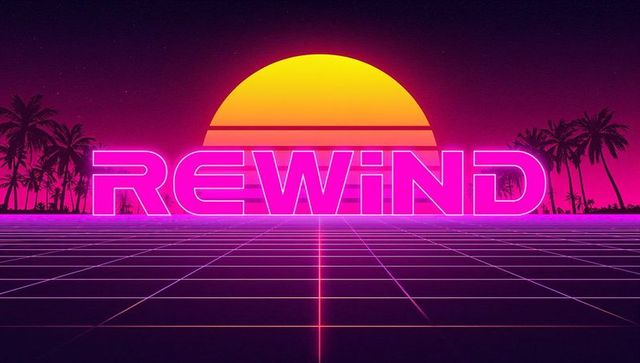 Neon REWIND Retro Sunset on Purple Grid with Palm Silhouettes and Vaporwave Glow