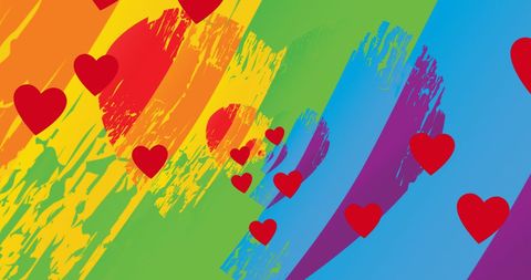Floating hearts on vibrant rainbow background