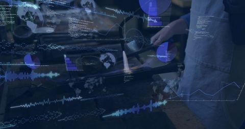 Woman technician wearing apron handling crucible with augmented analytics overlays