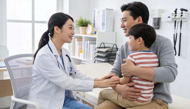 Female doctor comforting young boy during pediatric consultation with supportive father
