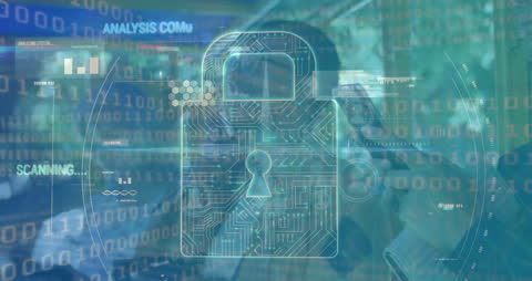 Cybersecurity Concept with Padlock and Data Overlaying Businessman