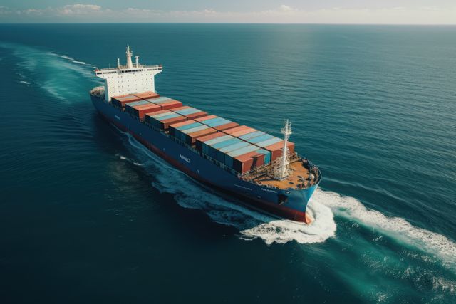 Cargo ship loaded with containers traveling across ocean in daylight. Useful for illustrating global trade, maritime transport, and logistics. Ideal for businesses involved in import-export, shipping industry promotions, and educational materials on nautical topics.