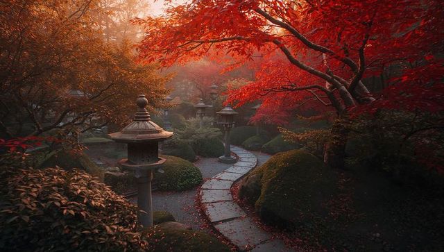 Serene stone path in tranquil temple garden with autumn foliage