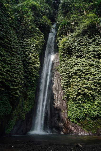 Majestic waterfall surrounded by lush green forest, providing a tranquil and refreshing natural scenery. Ideal for use in travel blogs, websites promoting eco-tourism, nature documentaries, and backgrounds for meditation or relaxation apps.