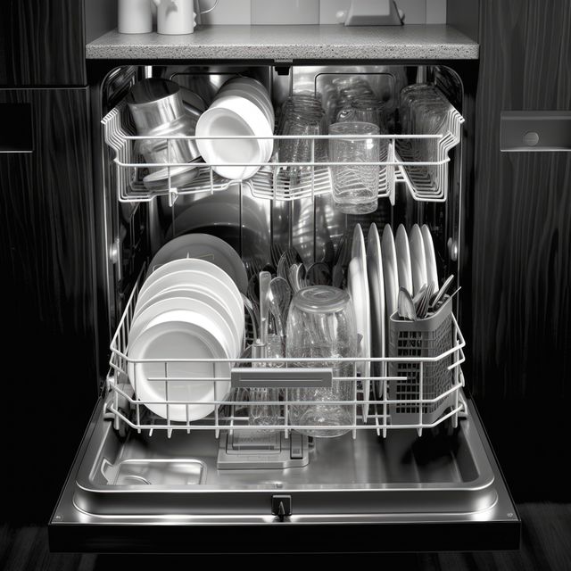 Interior of dishwasher packed with dishes with door open, created using generative ai technology. Dishwashing and kitchen appliances in black and white concept digitally generated image.