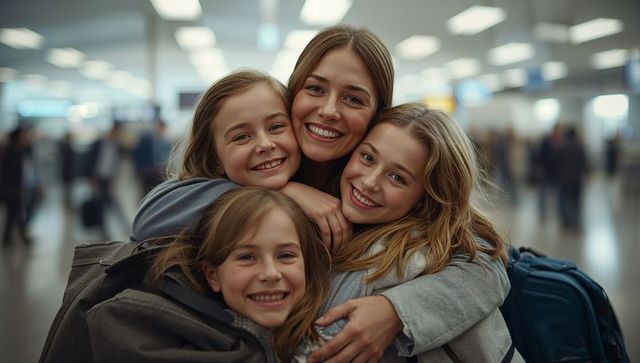 Mother hugging daughters in airport terminal, happiness and connection