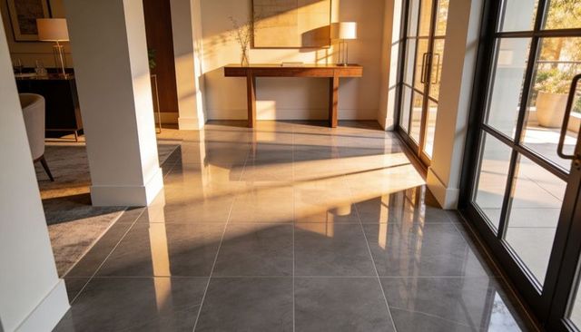 Polished gray tiles reflecting warm sunlight in contemporary entryway with glass doors and console t