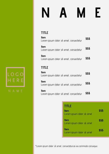 This elegant menu template is perfect for spas and salons looking to present their services in a professional and attractive way. The template includes space for the business name and logo, along with a clean layout for listing services and prices. The green accent adds a touch of calm and freshness, ideal for wellbeing-related businesses. This template can be easily customized to fit different offers and promotions. Great for salon brochures, spa pamphlets, or service menus.