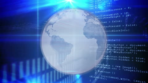 Digital Globe Overlaying Coding Data on Blue Background