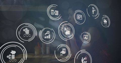 Digital Finance and Tech Overlay with Woman Drinking Coffee