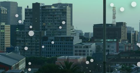 Urban cityscape with digital graphic interface overlay