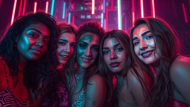 Group of Friends Enjoying Neon-Lit Night Club Party with Face Paint