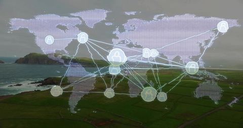 Connecting global teams over coastal landscape with digital world map and network icons