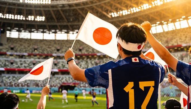 Japanese soccer fans waving flags and cheering in stadium with number 17 jersey