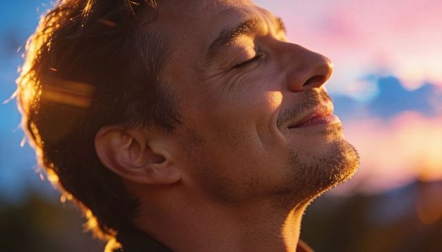 Man enjoying sunset with eyes closed, rim light portrait with lens flare and pastel bokeh