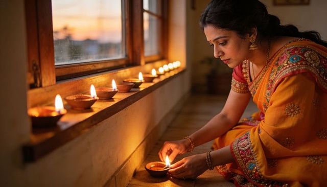 Indian woman lighting clay diyas at dusk by window wearing orange saree diwali ritual