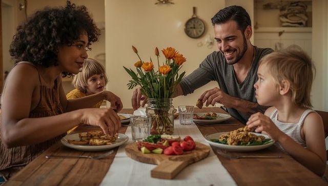 Multicultural family sharing warm homemade meal around rustic wooden dining table
