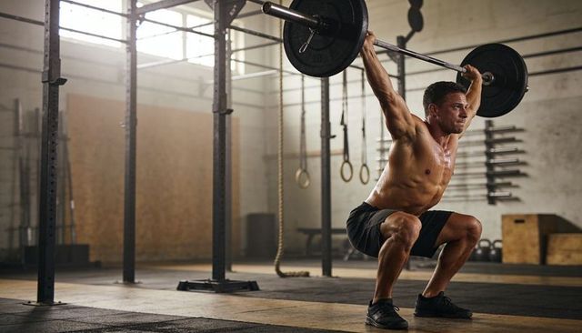 Male athlete performing overhead squat with Olympic barbell in gym, sweat and focus
