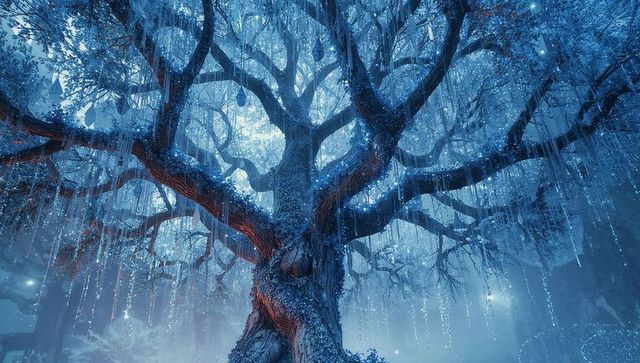 Enchanted ancient tree in mystical glowing forest landscape