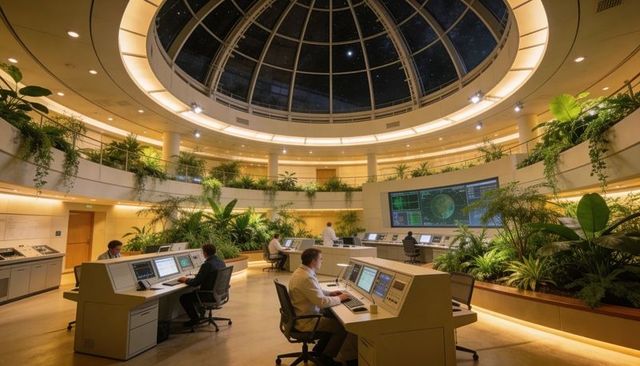Futuristic green command center under glass dome with monitoring team at curved consoles