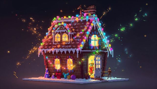 Glowing pixel-art holiday cottage sitting on snow platform with colorful lights