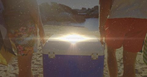 Warm beach day adventure with friends and cooler