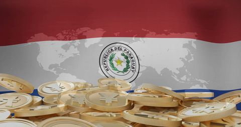 Paraguayan Flag and World Map with Gold Yen Coins