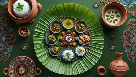 Artisanal indian platter with bowls and colorful rangoli decor, vishu festival