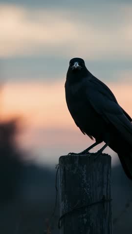 Raven turning and calling on wooden post at dusk | Vertical cinematic wildlife video