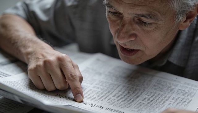 Senior man leaning over newspaper pointing with finger while reading closeup