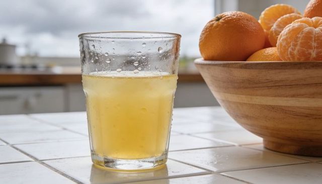 Pale citrus juice in short tumbler with wooden bowl of mandarins on white tile counter